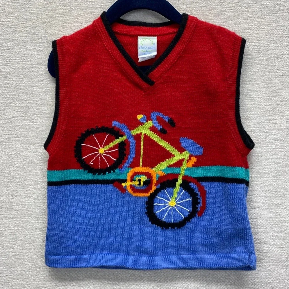 Chez Ami Bicycle Knit Sweater Vest Kids Size S Red Blue Colorblock V-Neck F5-835